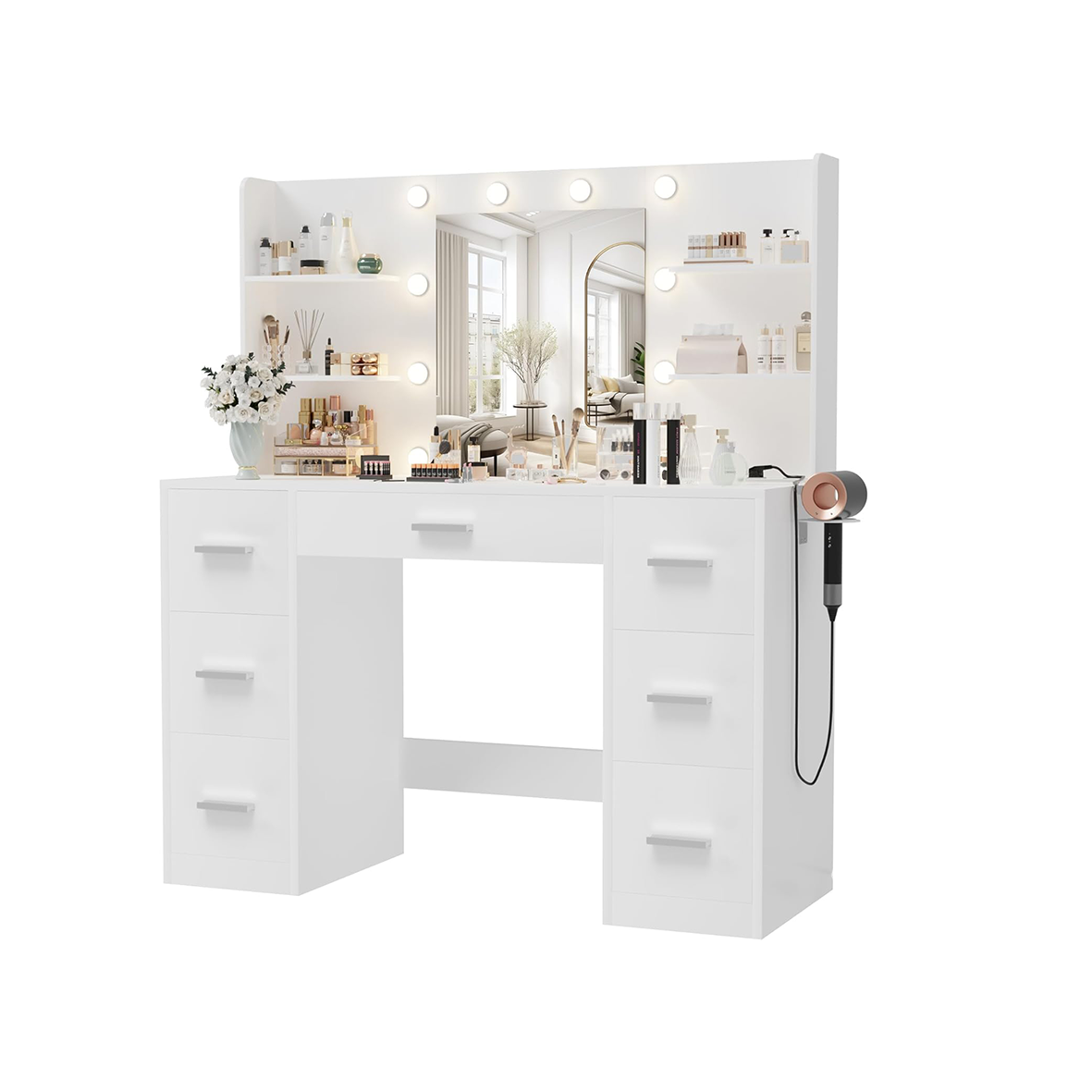 Furnny Vanity Desk with Mirror, LED Lights and Power Outlet Makeup Vanity Table with 7 Drawers and 6 Storage Shelves