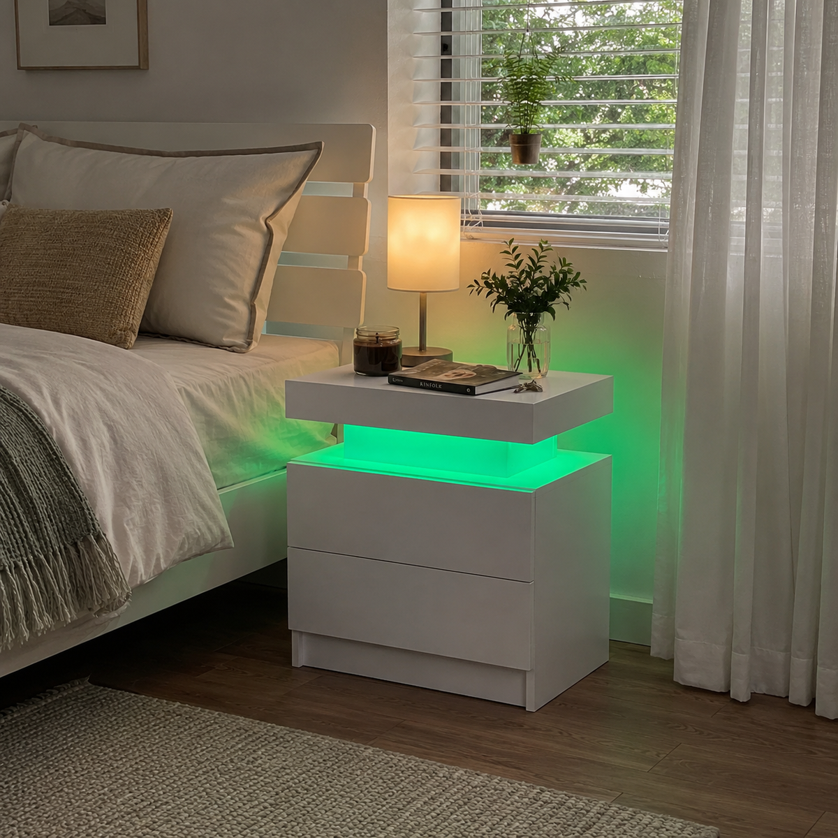 Furnny ML132 Nightstand with LED lights, 2 Drawer
