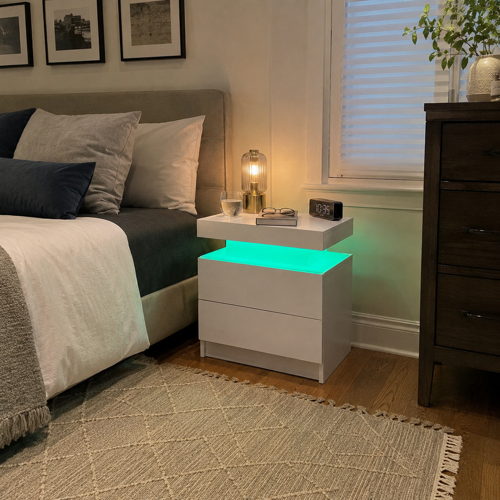 Furnny ML132 Nightstand with LED lights, 2 Drawer