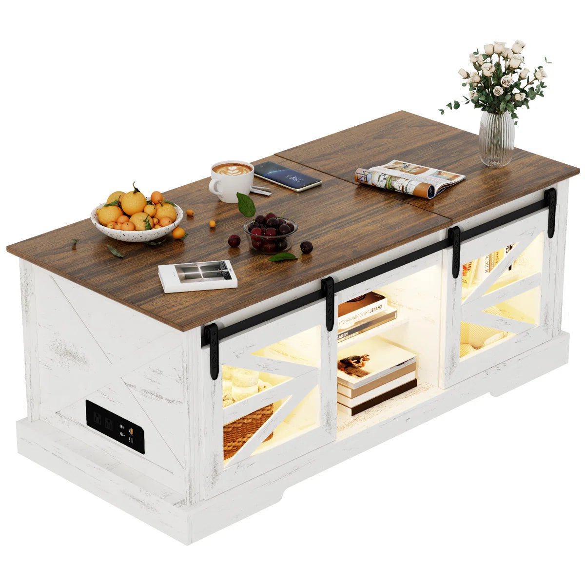 Furnny Lift Top Led Coffee Table With Sliding Barn Door