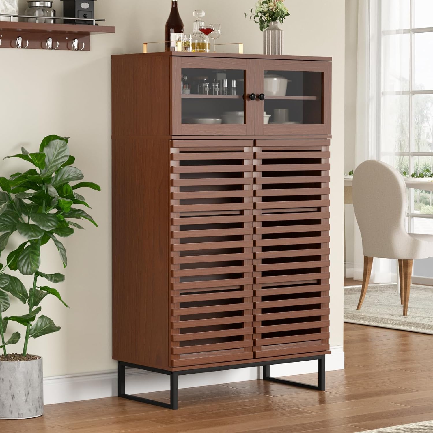 Furnny Walnut Slatted Door Cabinet  Storage Cabinet with Adjustable Shelves