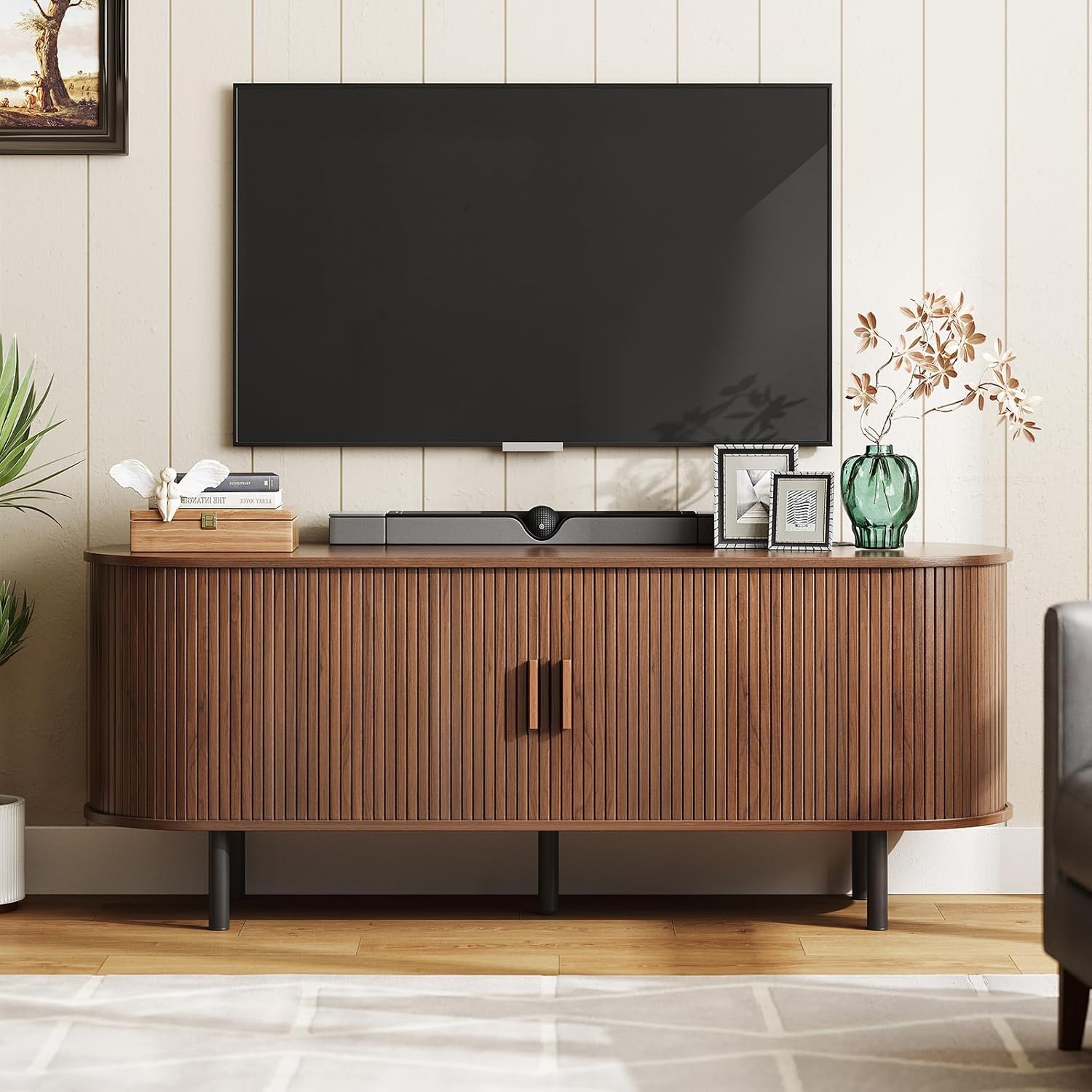 Furnny Mid-Century Modern Television Stand, Media Console with Sliding Doors