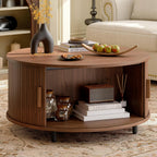 Furnny MS250 Walnut Sliding Door Round Coffee Table Mid Century Modern Storage Table for Living Room