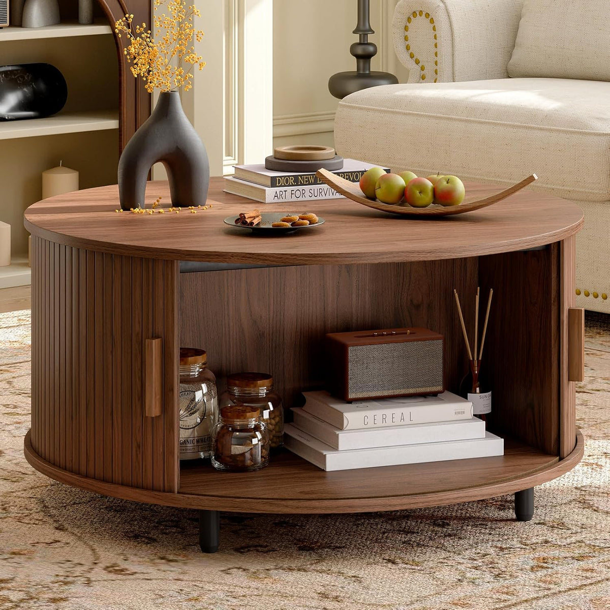 Furnny MS250 Walnut Sliding Door Round Coffee Table Mid Century Modern Storage Table for Living Room