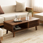 Furnny Walnut Slatted Door Coffee Table Storage/SlidingDoor/for Living Room