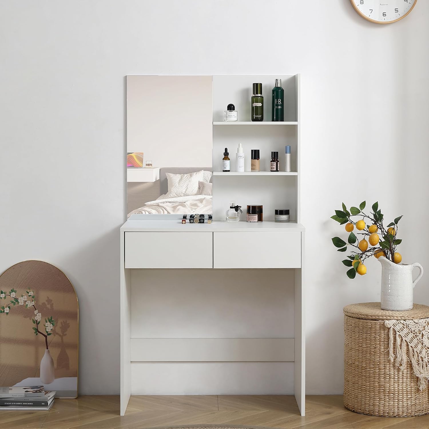 Furnny Makeup Table with 2 Deep Drawers & Open Storage Shelves Modern Dressing Table