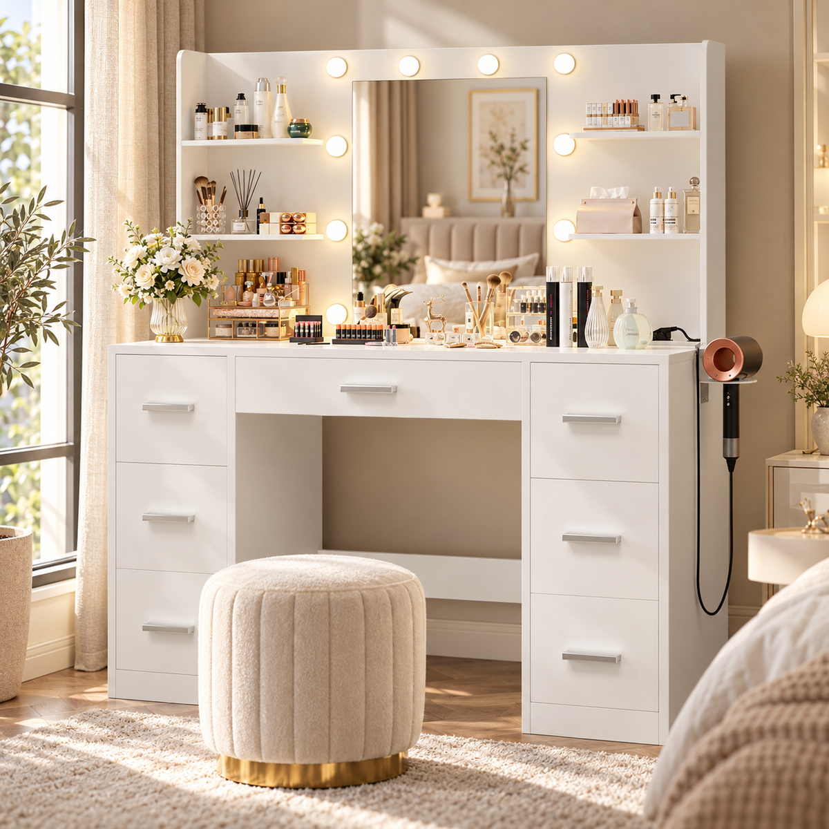 Furnny MLC1 Vanity Desk with Mirror & 10 Lights, 7 Drawers, EU Power Outlet