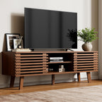 Furnny Walnut Slatted Door TV Stand Storage/Sliding Door/Adjustable Shelves
