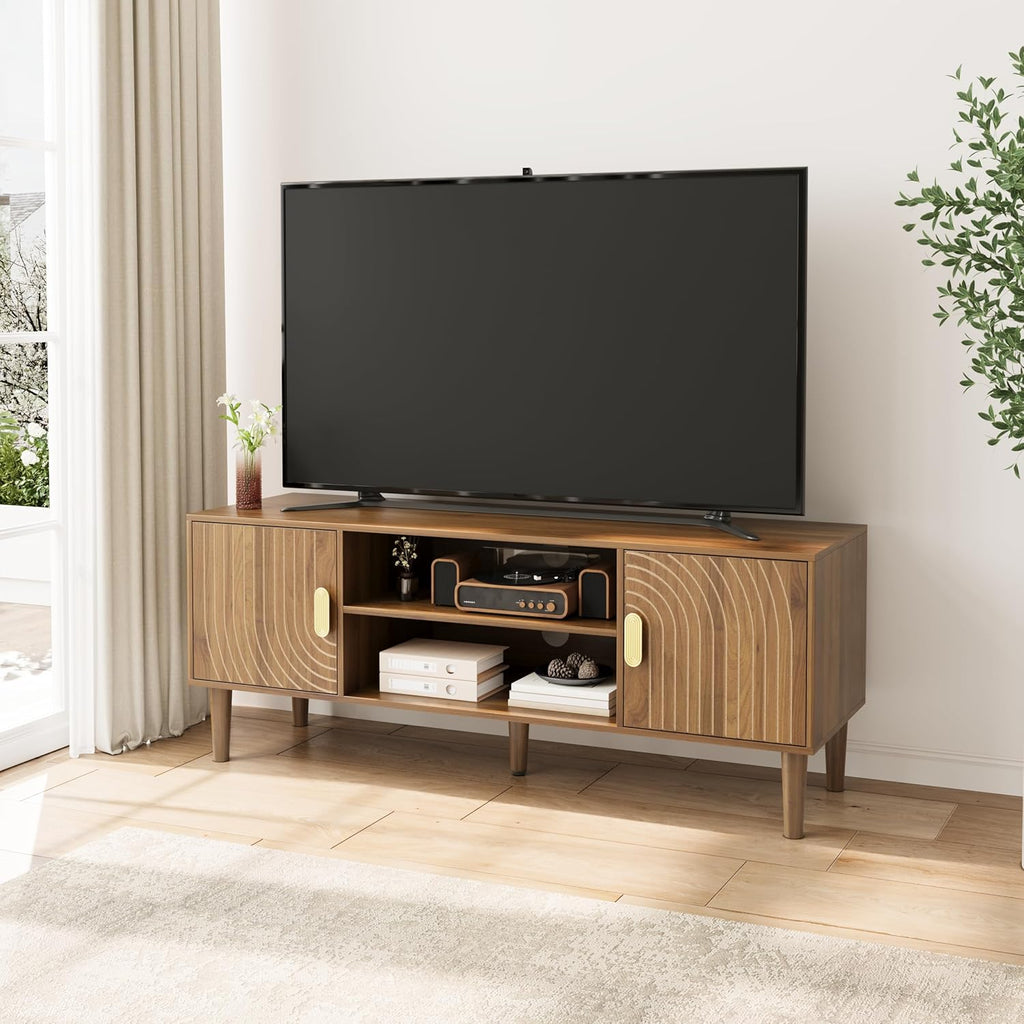 Furnny Walnut TV Stand with Line Groove Design/Adjustable Shelf/2 Cabinets