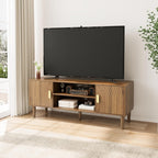 Furnny Walnut TV Stand with Line Groove Design/Adjustable Shelf/2 Cabinets
