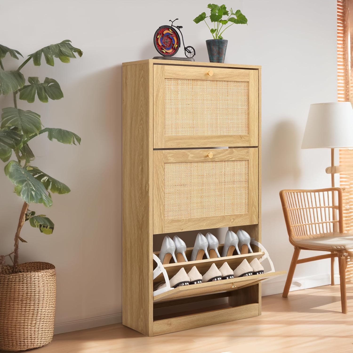 Furnny Rattan 3 Tier Shoe Cabinet with 3 Flip Drawers Adjustable Width Drawers