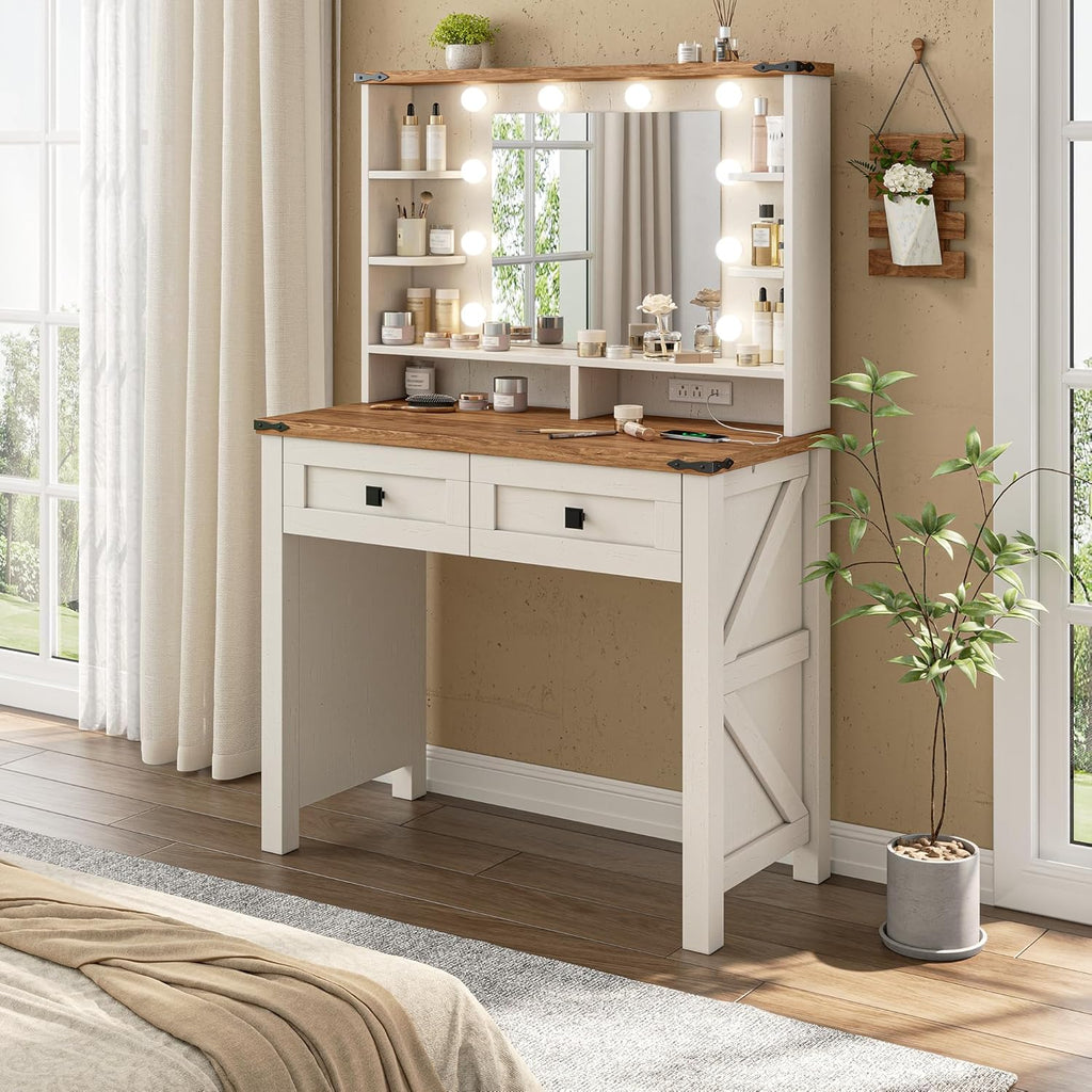 Furnny Small Vanity Desk with Mirror and Lights, Makeup Vanity with Storage Drawer