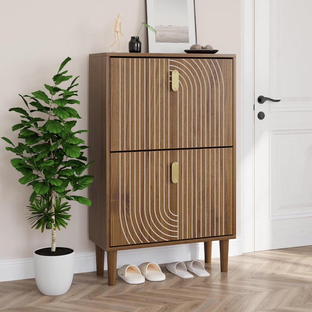 Furnny Walnut Wood Grain Shoe Cabinet with 2 Adjustable Width Flip Drawers
