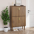Furnny Walnut Wood Grain Shoe Cabinet with 2 Adjustable Width Flip Drawers
