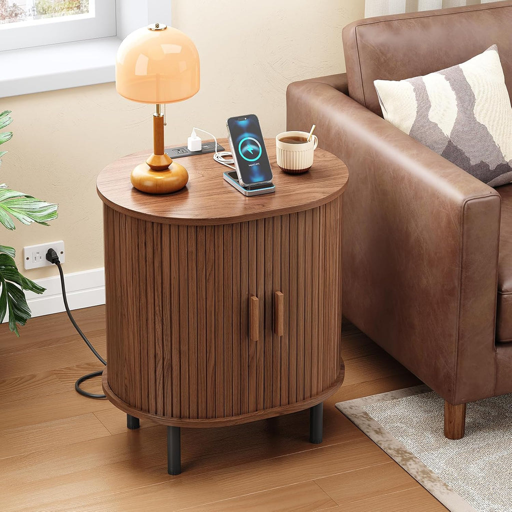 Furnny Walnut Sliding Door Nightstand  with Charging Station End Table for Small Space/Living Room/Bedroom