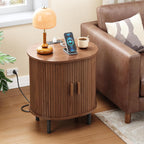 Furnny Walnut Sliding Door Nightstand  with Charging Station End Table for Small Space/Living Room/Bedroom