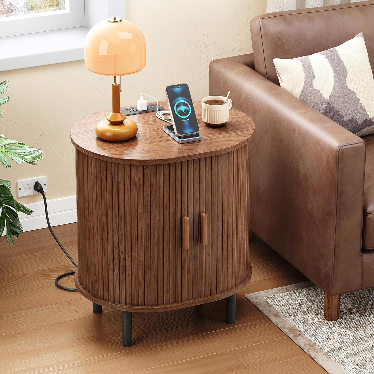 Furnny Walnut Sliding Door Nightstand  with Charging Station End Table for Small Space/Living Room/Bedroom