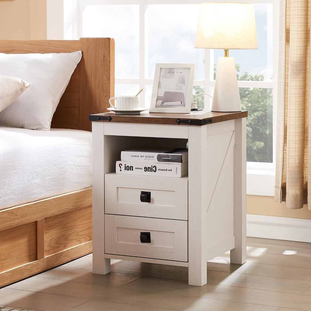 Furnny Farmhouse Nightstand with Charging Station, Rustic 18 Inch End Table with 2 Storage Drawers and Open Shelf