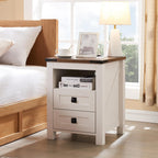 Furnny Farmhouse Nightstand with Charging Station, Rustic 18 Inch End Table with 2 Storage Drawers and Open Shelf