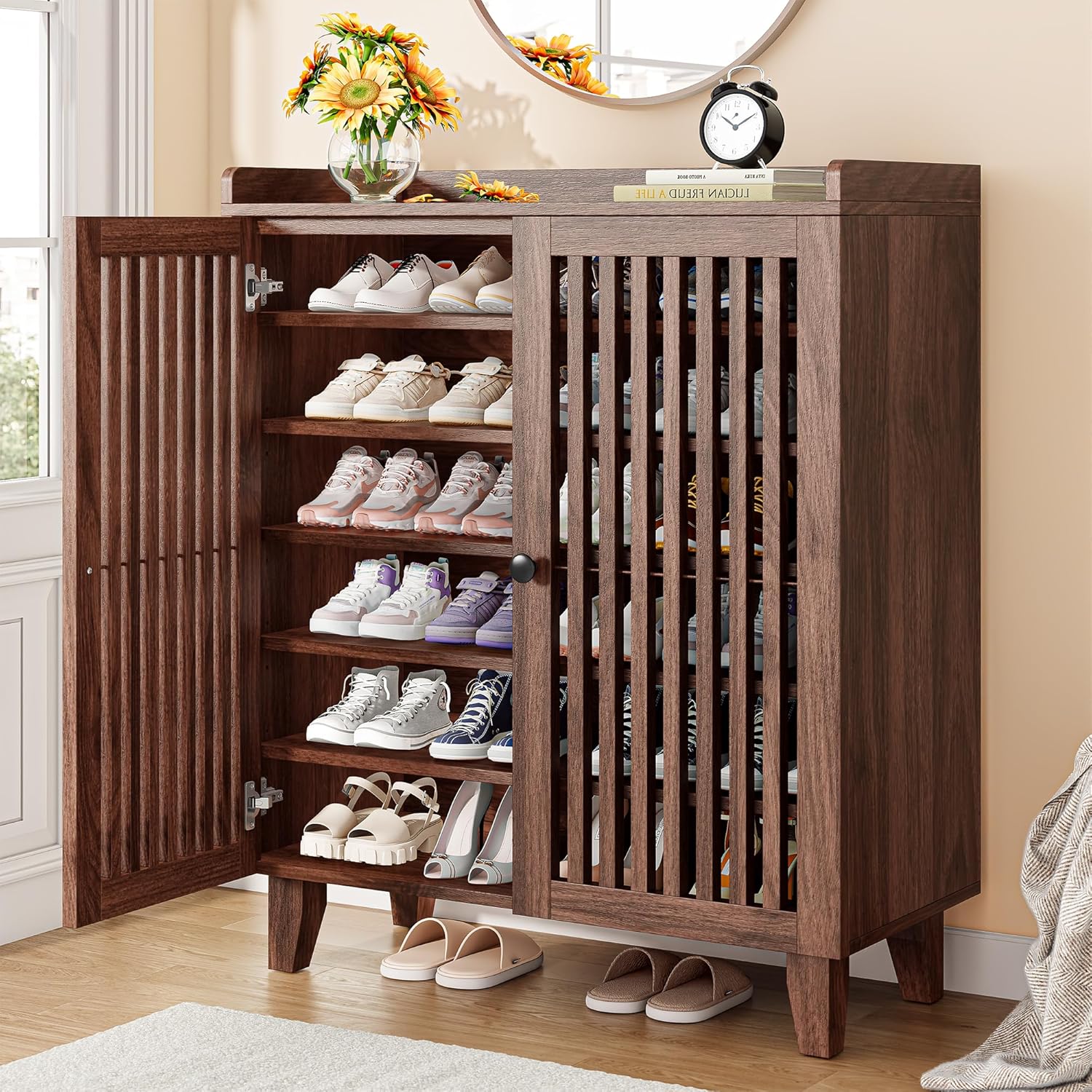 Furnny Walnut Slatted Door Shoe Cabinet 5/6-Tier Shoe Storage Shoe Rack