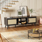 Furnny Rattan TV Stand with 2 Cabinets Rattan TV Console with Solid Wood Feet