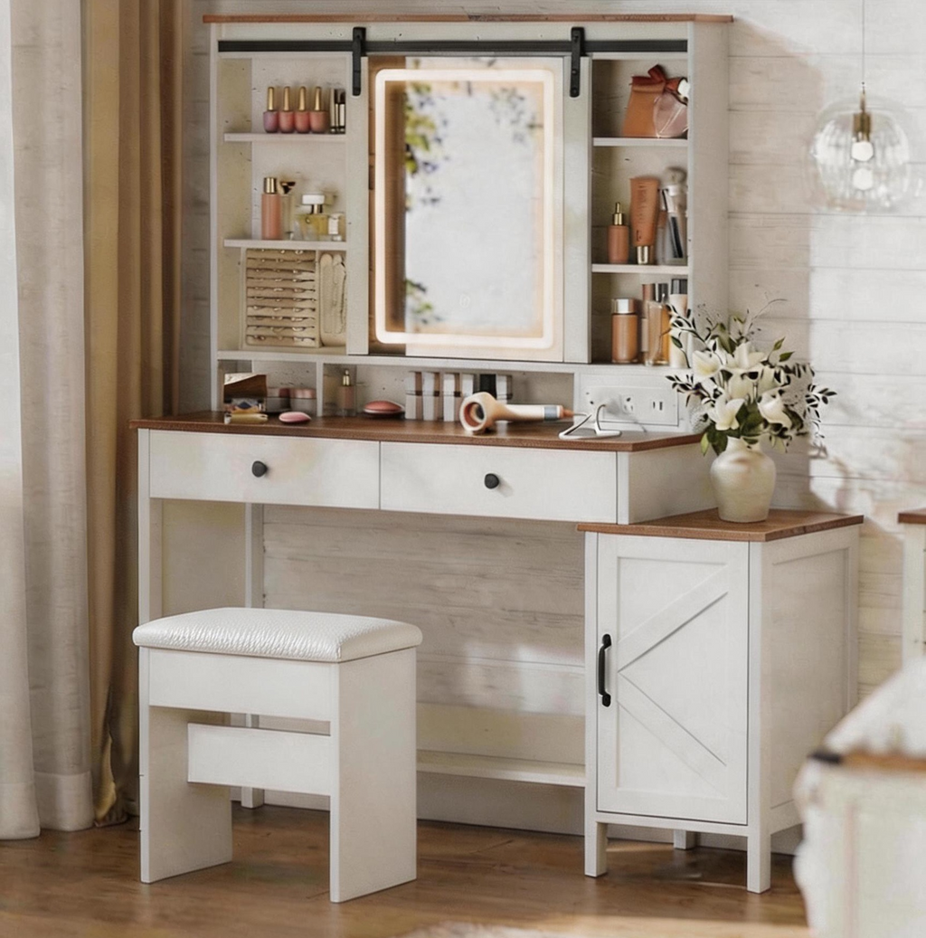Furnny FLC3 Farmhouse Makeup Vanity with Mirror and Lights, Stool, Charging Station