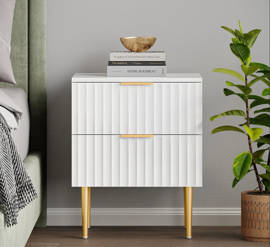 Furnny SWV wavy Design Beside Table Night Stand with 2 Drawers and Gold Legs