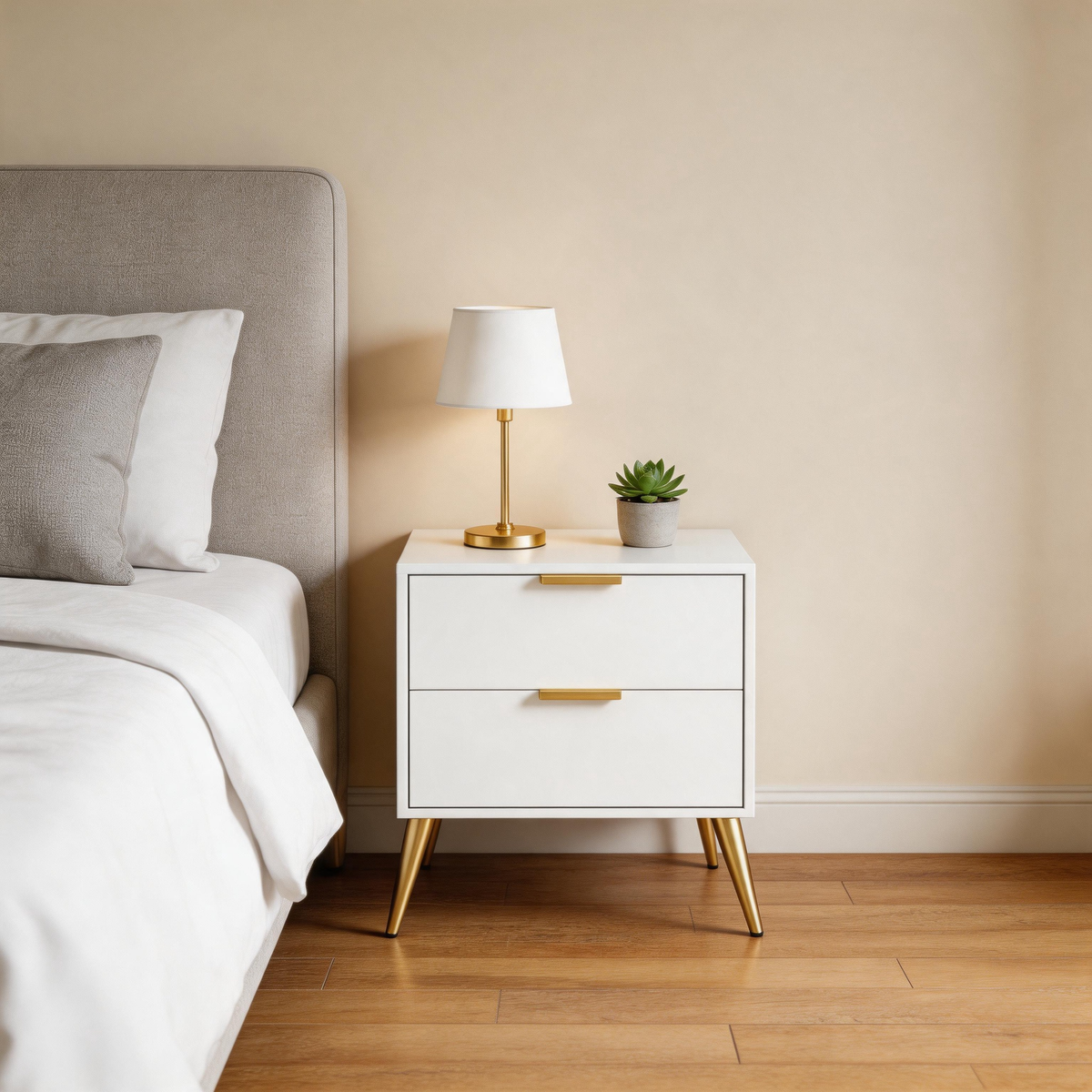 Furnny WD Modern 2 Drawer Bedside Table Nightstand with Gold Metal Legs