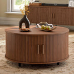 Furnny MS250 Walnut Sliding Door Round Coffee Table Mid Century Modern Storage Table for Living Room