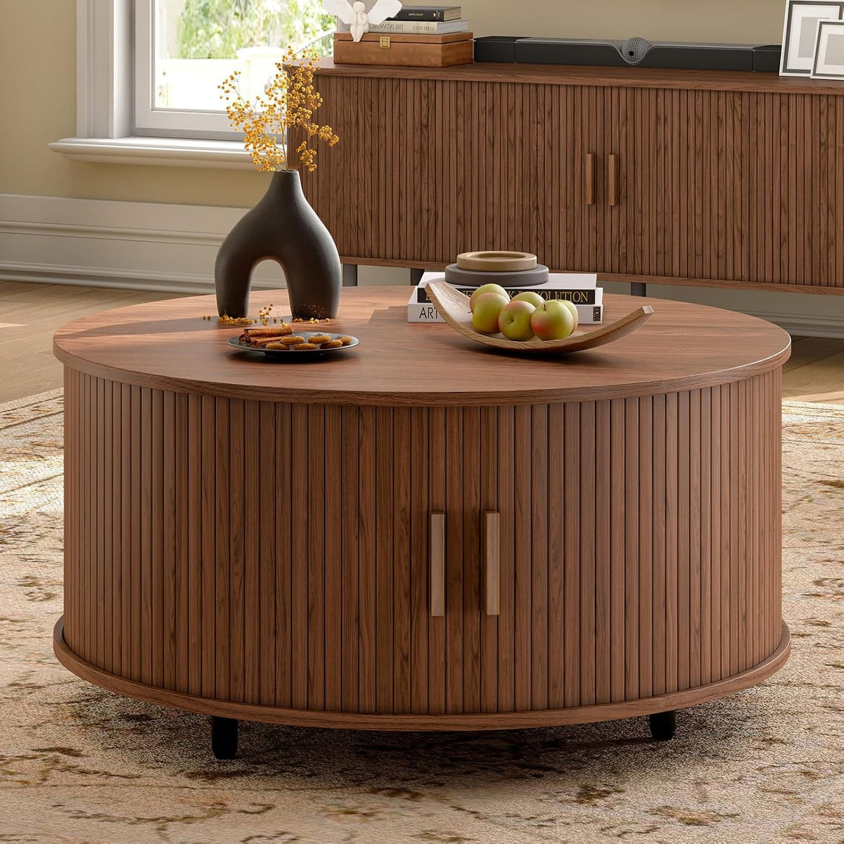 Furnny MS250 Walnut Sliding Door Round Coffee Table Mid Century Modern Storage Table for Living Room