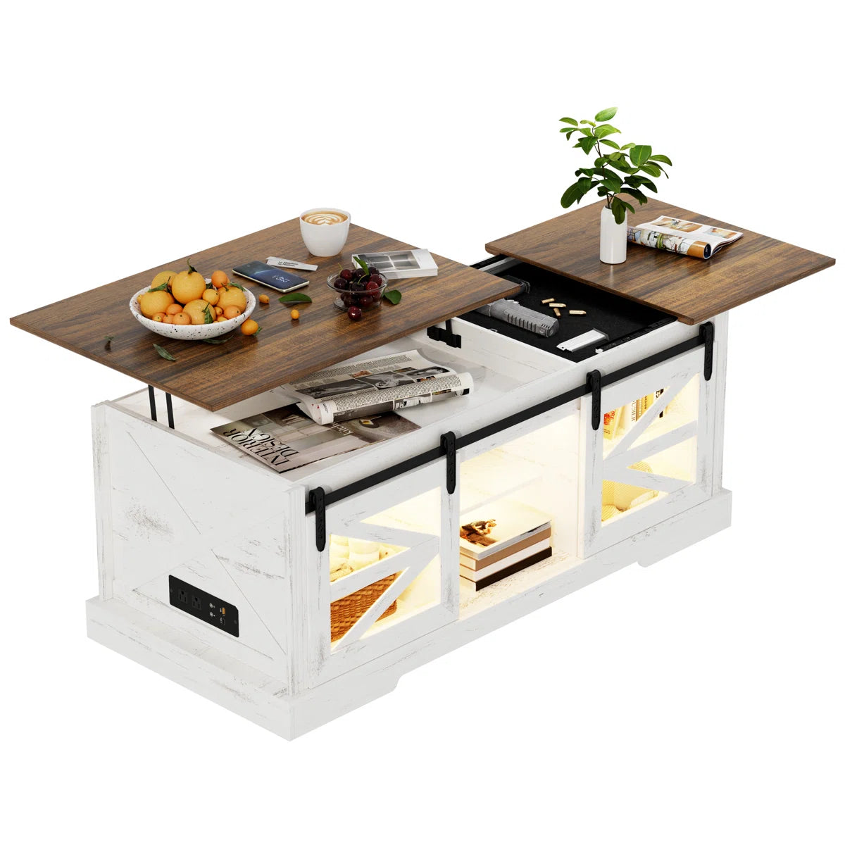 Furnny Lift Top Led Coffee Table With Sliding Barn Door