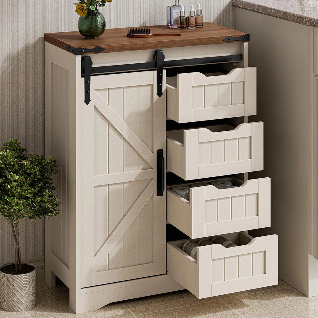 Furnny Farmhouse Bathroom Cabinet with Sliding Door & 4 Drawers