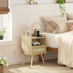 Furnny Rattan Nightstand with Charging Station Solid Wood Feet Beside Table for Bedroom/Living Room