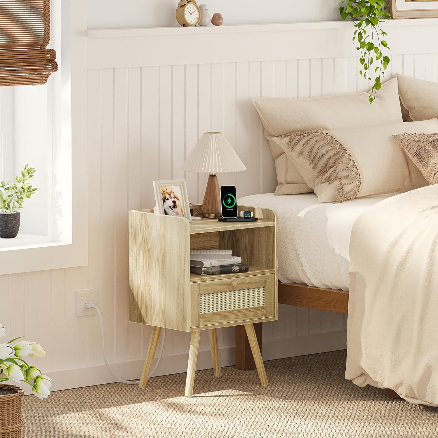 Furnny Rattan Nightstand with Charging Station Solid Wood Feet Beside Table for Bedroom/Living Room