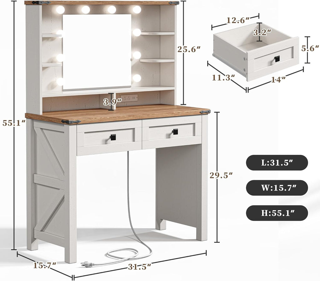 Furnny Small Vanity Desk with Mirror and Lights, Makeup Vanity with Storage Drawer