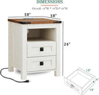 Furnny Farmhouse Nightstand with Charging Station, Rustic 18 Inch End Table with 2 Storage Drawers and Open Shelf