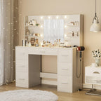 Furnny Vanity Desk with Mirror, LED Lights and Power Outlet Makeup Vanity Table with 7 Drawers and 6 Storage Shelves