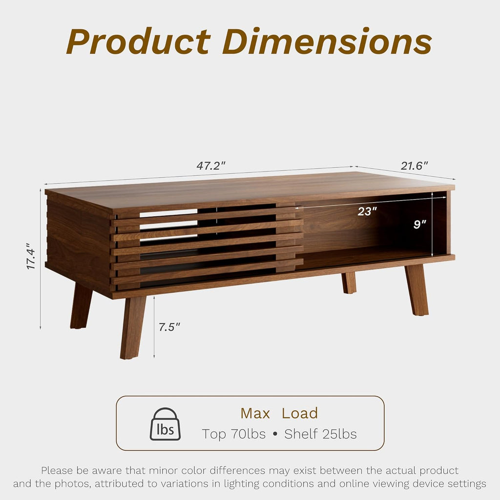 Furnny Walnut Slatted Door Coffee Table Storage/SlidingDoor/for Living Room