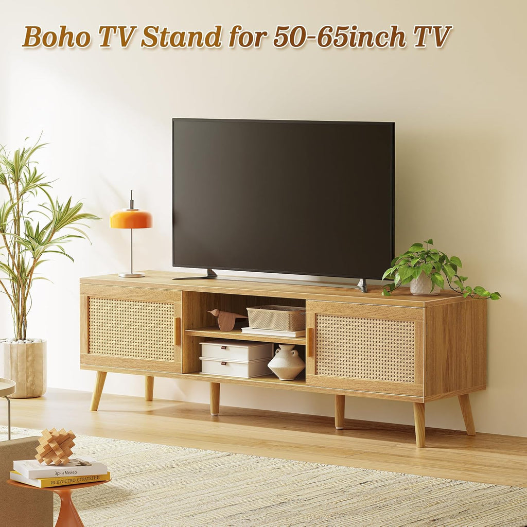 Furnny Rattan TV Stand with 2 Cabinets Rattan TV Console with Solid Wood Feet