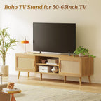 Furnny Rattan TV Stand with 2 Cabinets Rattan TV Console with Solid Wood Feet