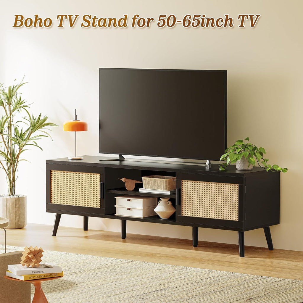 Furnny Rattan TV Stand with 2 Cabinets Rattan TV Console with Solid Wood Feet