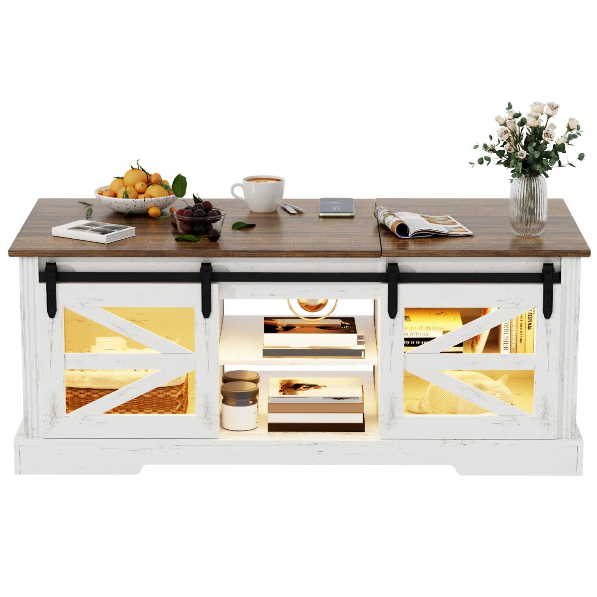 Furnny Lift Top Led Coffee Table With Sliding Barn Door