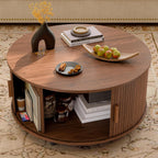 Furnny MS250 Walnut Sliding Door Round Coffee Table Mid Century Modern Storage Table for Living Room