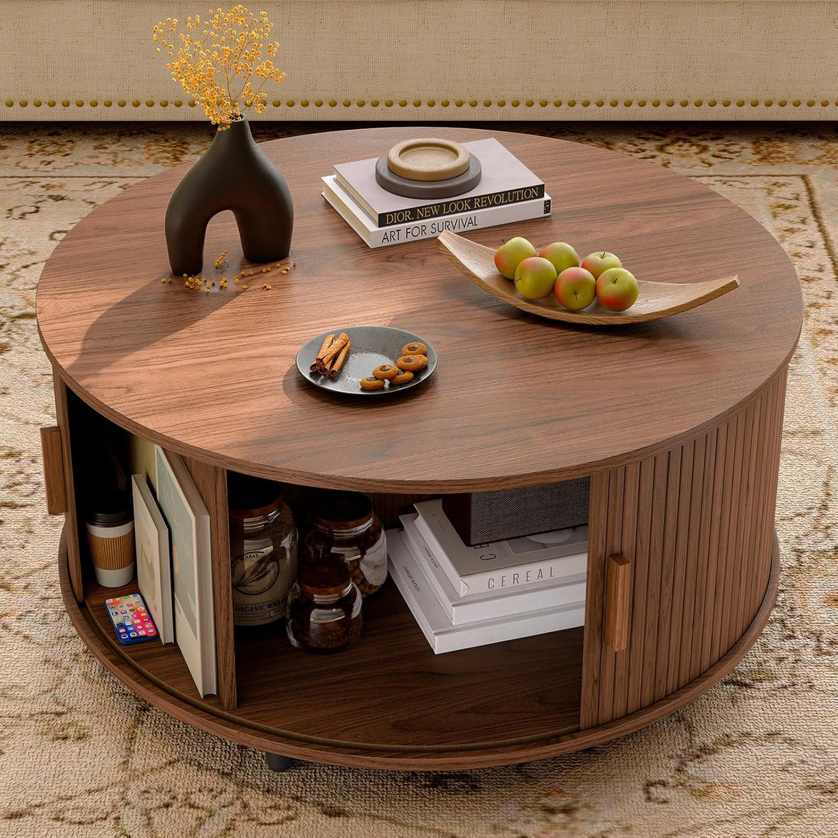 Furnny MS250 Walnut Sliding Door Round Coffee Table Mid Century Modern Storage Table for Living Room