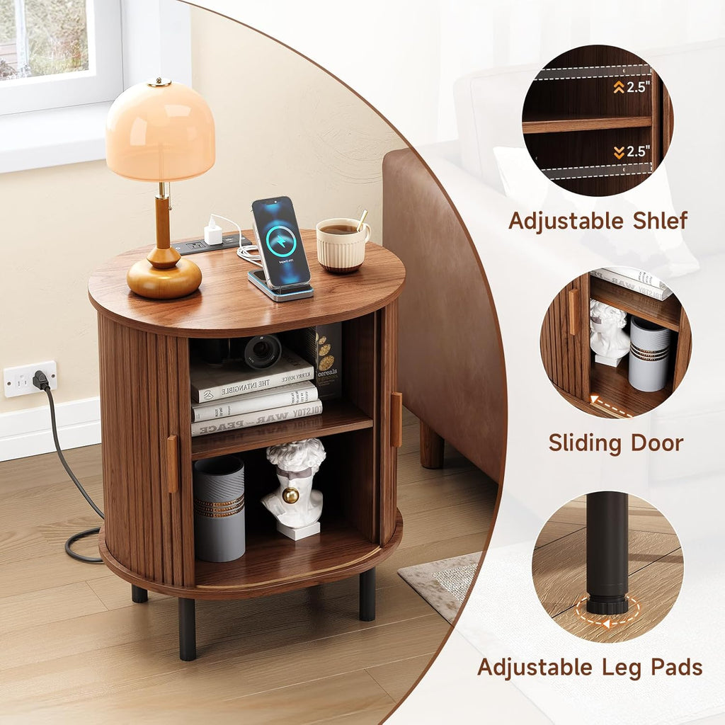 Furnny Walnut Sliding Door Nightstand  with Charging Station End Table for Small Space/Living Room/Bedroom
