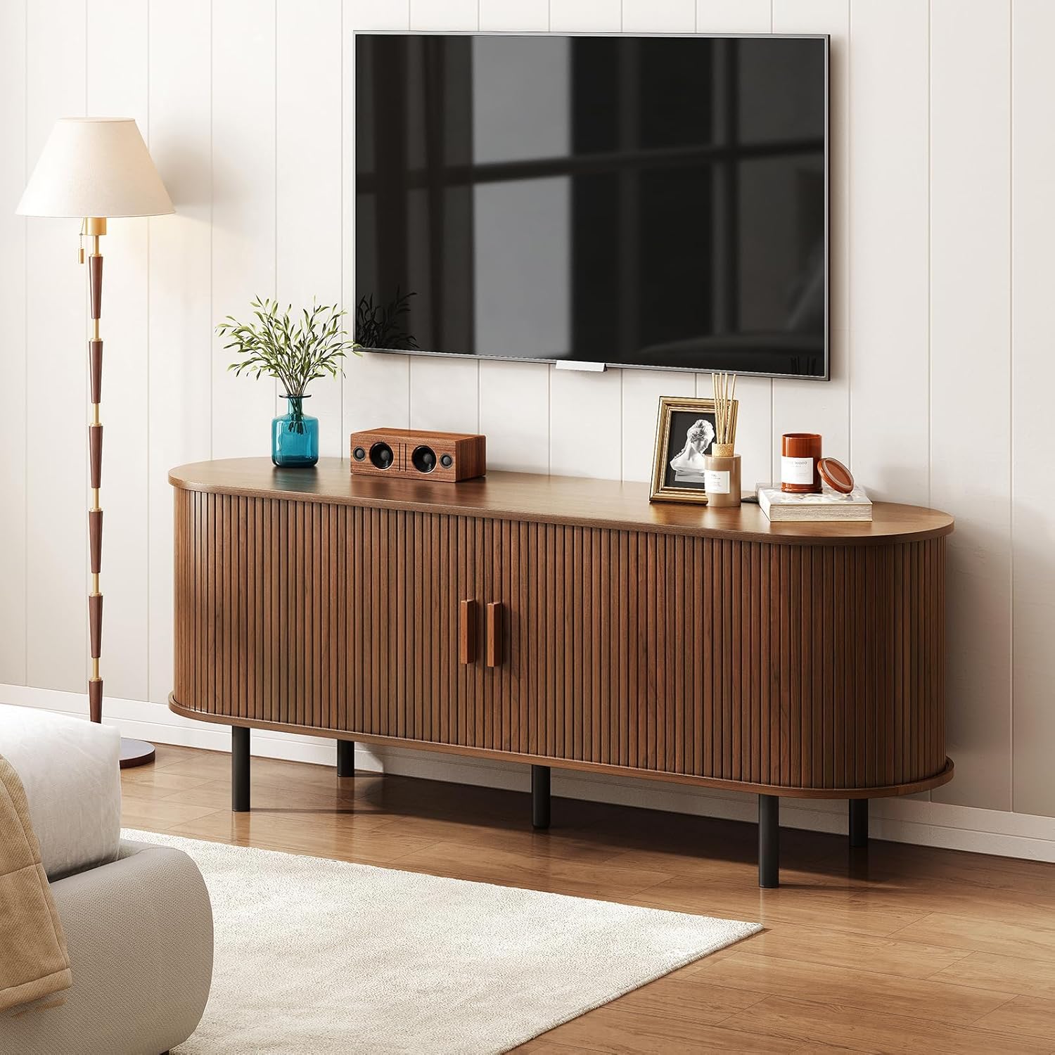 Furnny Mid-Century Modern Television Stand, Media Console with Sliding Doors