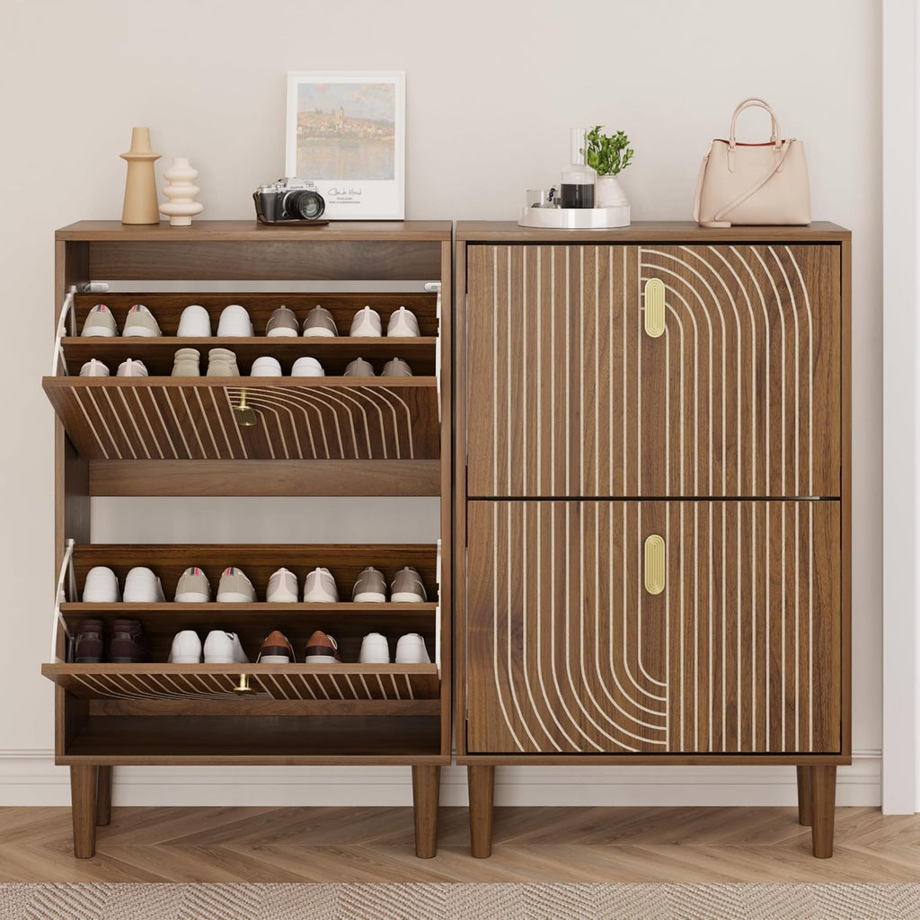Furnny Walnut Wood Grain Shoe Cabinet with 2 Adjustable Width Flip Drawers
