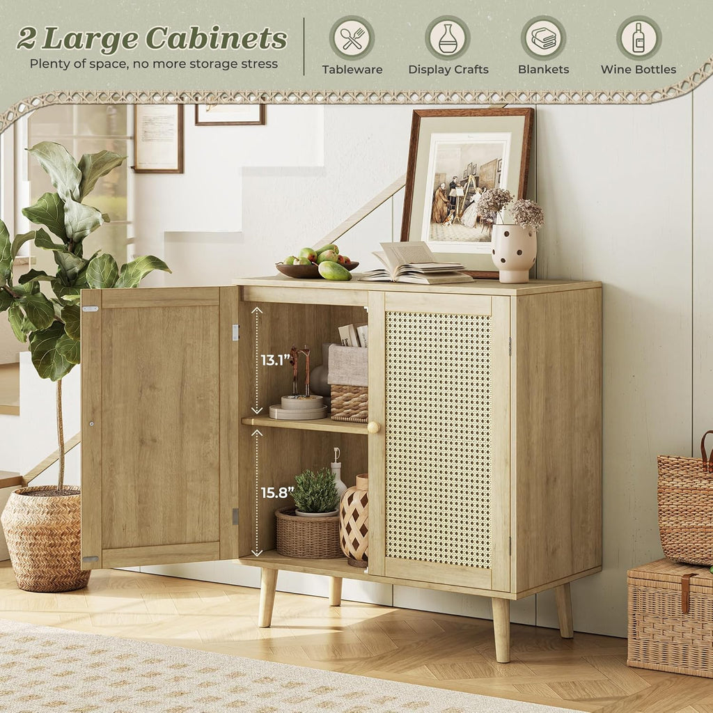 Furnny Rattan Cabinet with Storage Storage Cabinet with Rattan Decor Doors