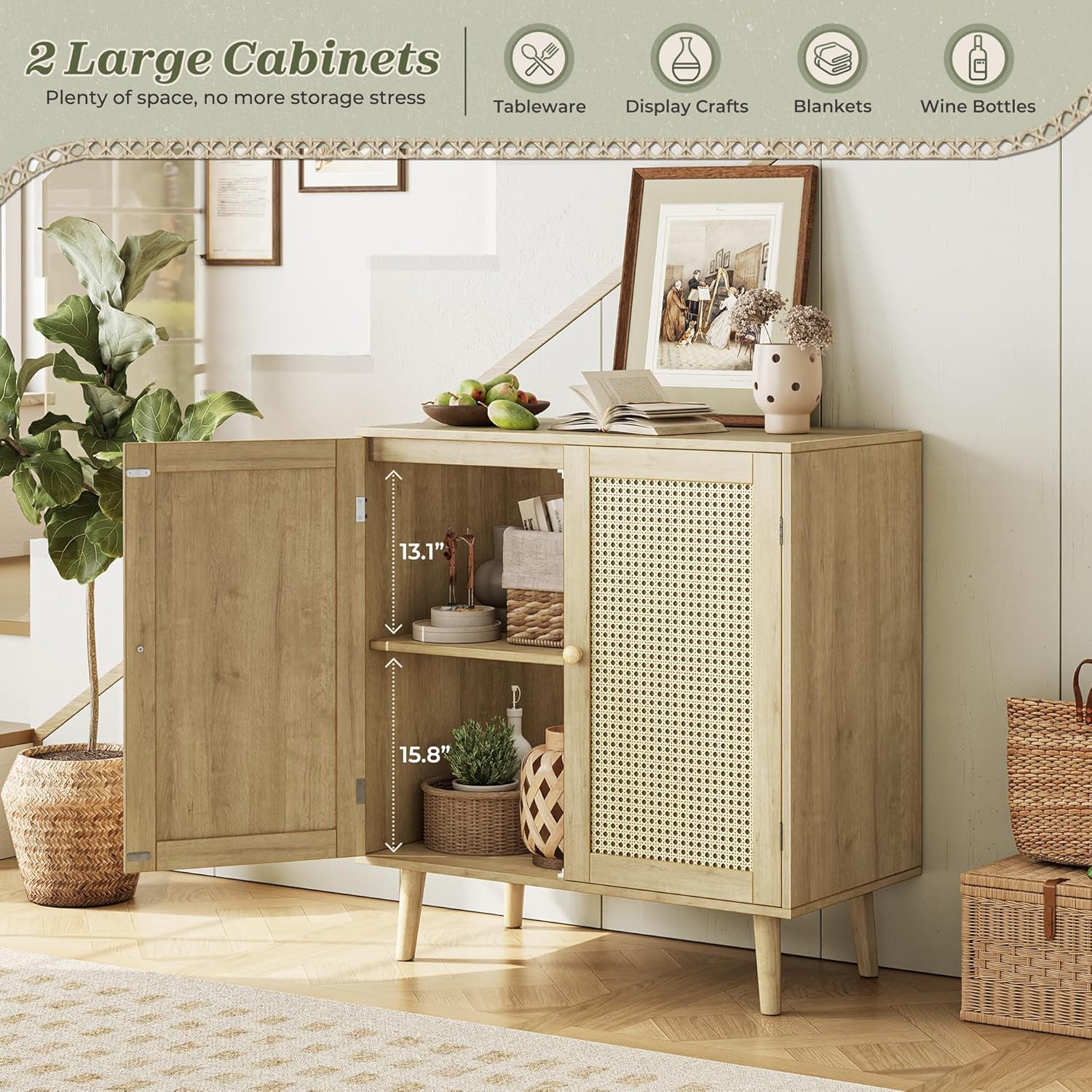 Furnny Rattan Cabinet with Storage Storage Cabinet with Rattan Decor Doors