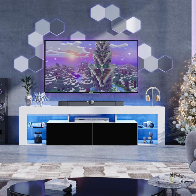 Furnny TV Stand LED Light Media Console Entertainment Center with 2 Drawers
